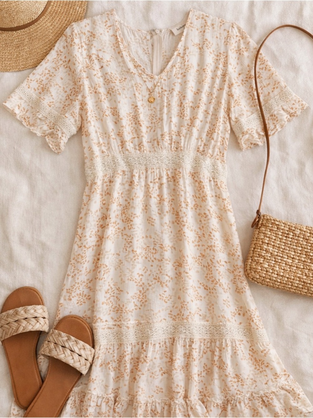 bohme Cream and Tan Floral Midi Dress
